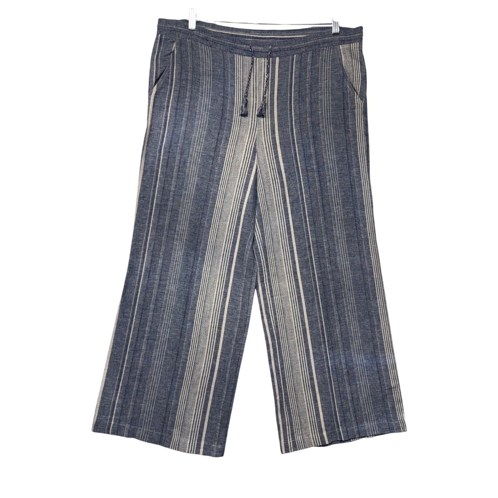 Forcynthia Beachwear Linen Cotton Striped Wide Leg Drawstring Pants Womens Med